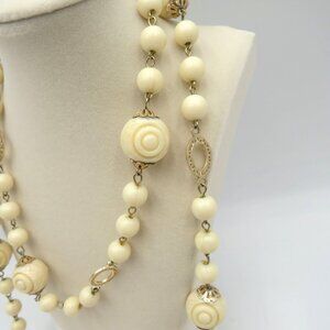 Vintage Bead Necklace Molded Spiral Detailed 46" Long Gold Tone Spacers